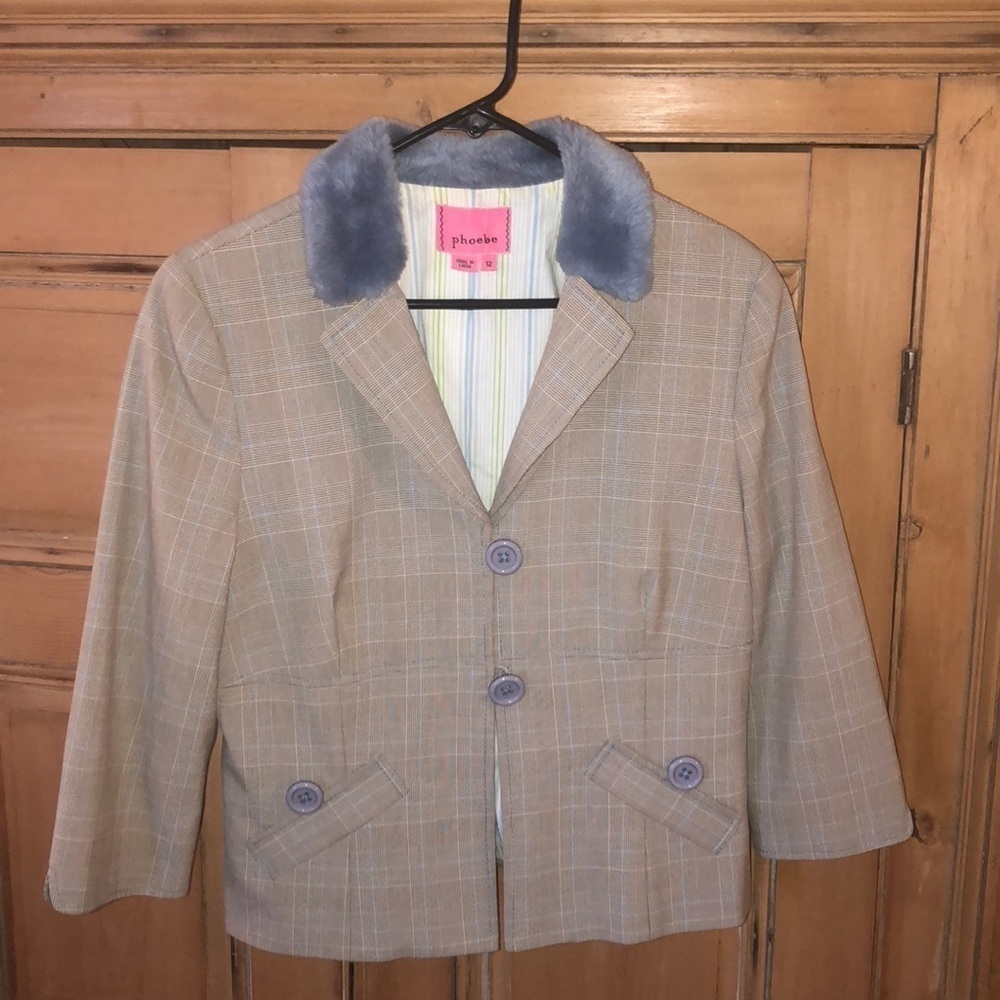 Phoebe Plaid short jacket with blue fur collar